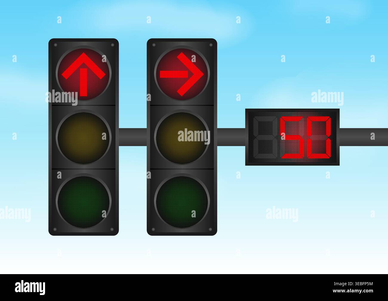 Traffic light with Red Light and Countdown Timer against Blue Sky. Vector Illustration. Stock Vector
