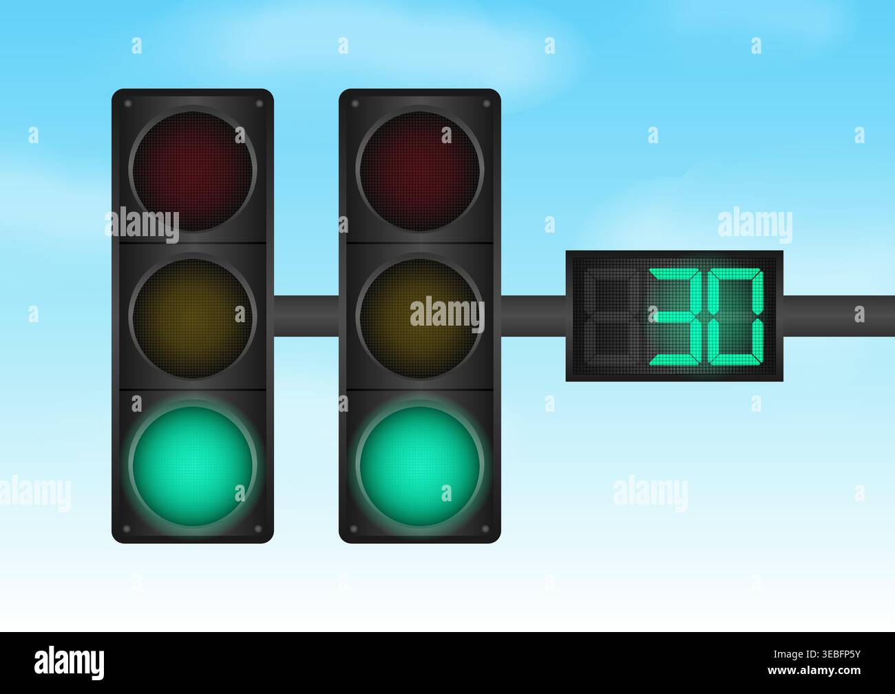 Traffic light with Green Light and Countdown Timer against Blue Sky. Vector Illustration. Stock Vector