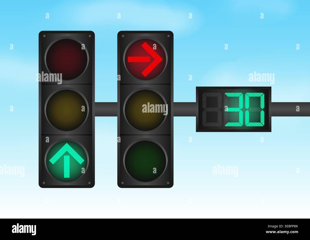 Traffic light with Countdown Timer against Blue Sky. Vector Illustration. Stock Vector