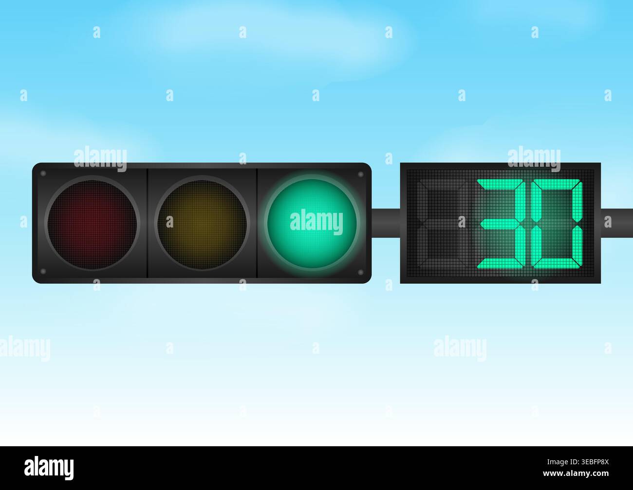 Traffic light with Green Light and Countdown Timer against Blue Sky. Vector Illustration. Stock Vector