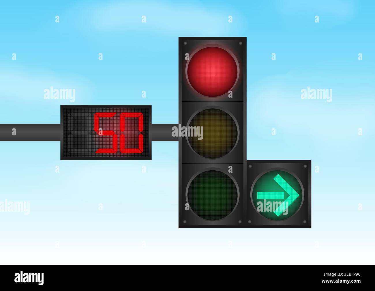 Traffic light with Countdown Timer against Blue Sky. Vector Illustration. Stock Vector