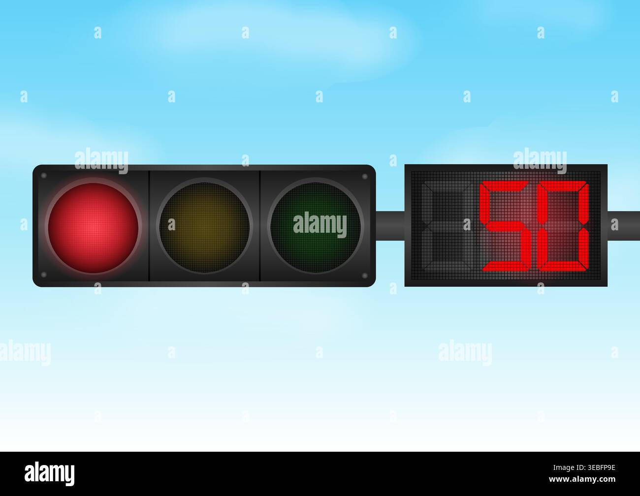 Traffic light with Red Light and Countdown Timer against Blue Sky. Vector Illustration. Stock Vector