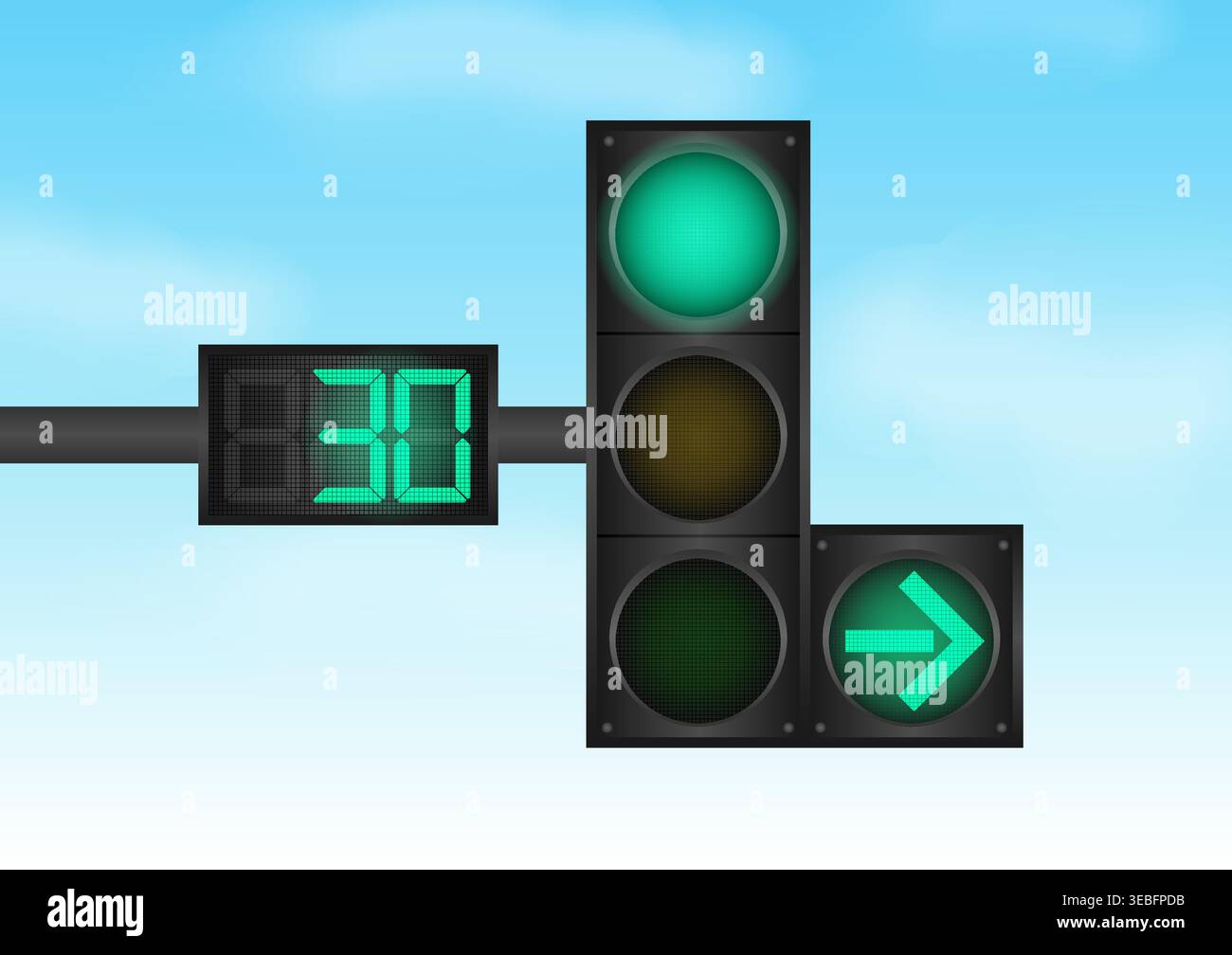 Traffic light with Green Light and Countdown Timer against Blue Sky. Vector Illustration. Stock Vector