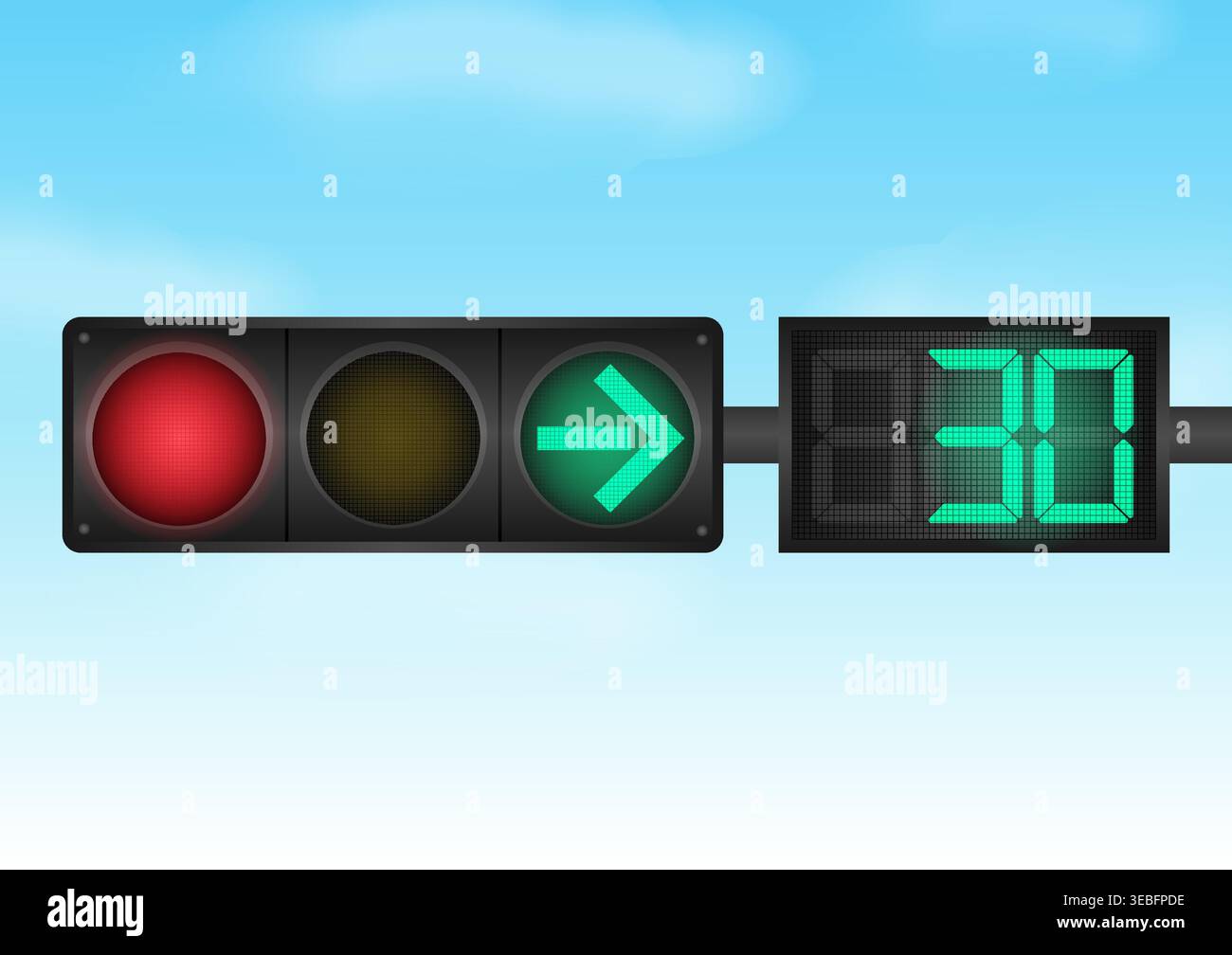 Traffic light with Countdown Timer against Blue Sky. Vector Illustration. Stock Vector