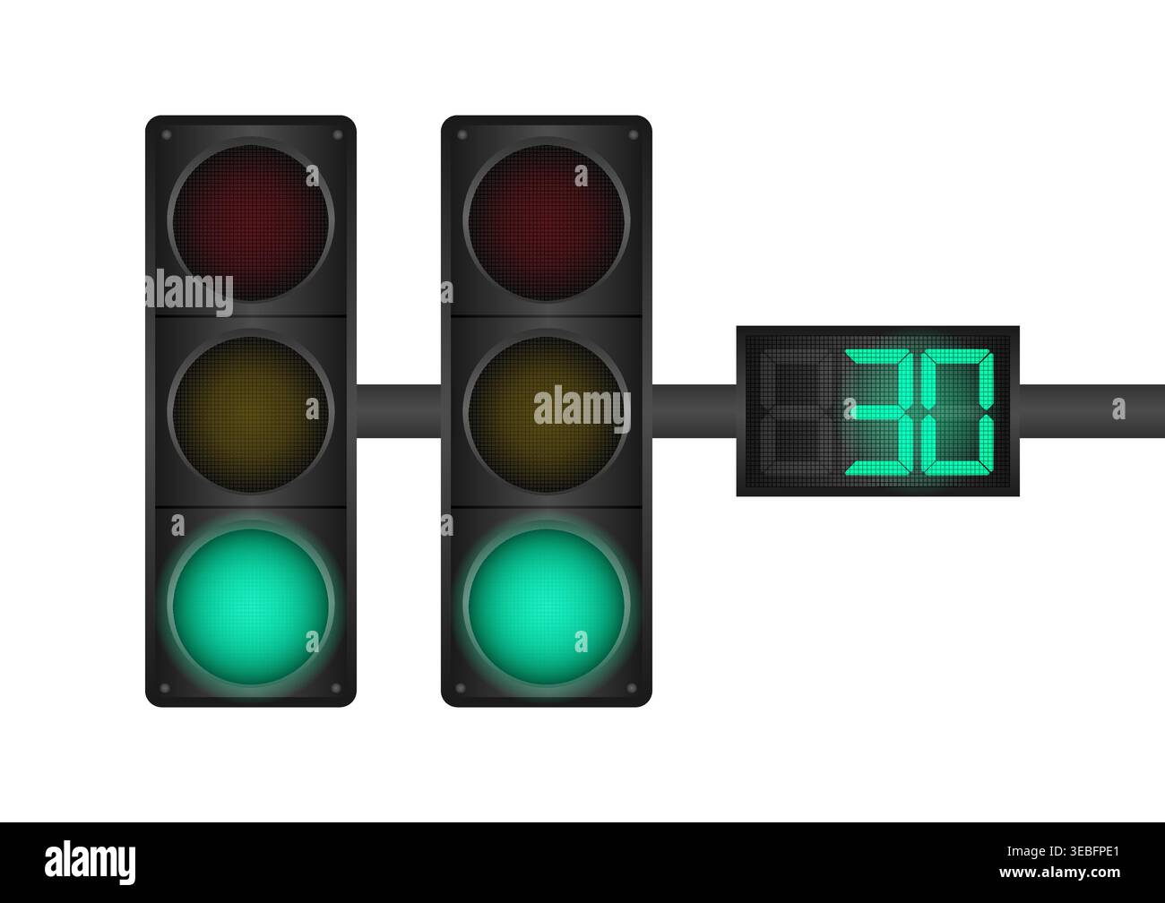 Traffic light with Green Light and Countdown Timer. Vector Illustration Isolated on White Background. Stock Vector