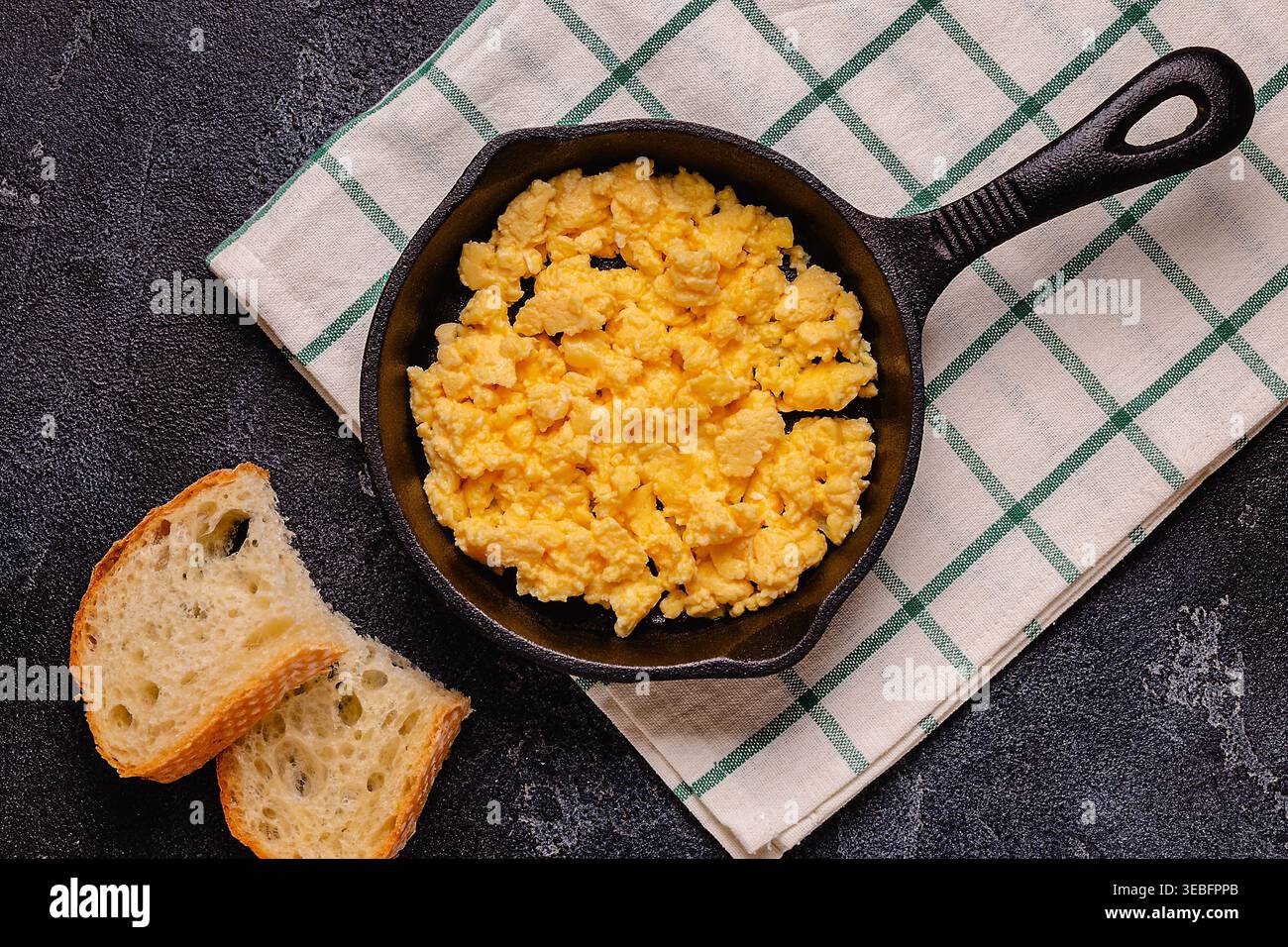 Cooked omelette in a frying pan, top view. Stock Photo