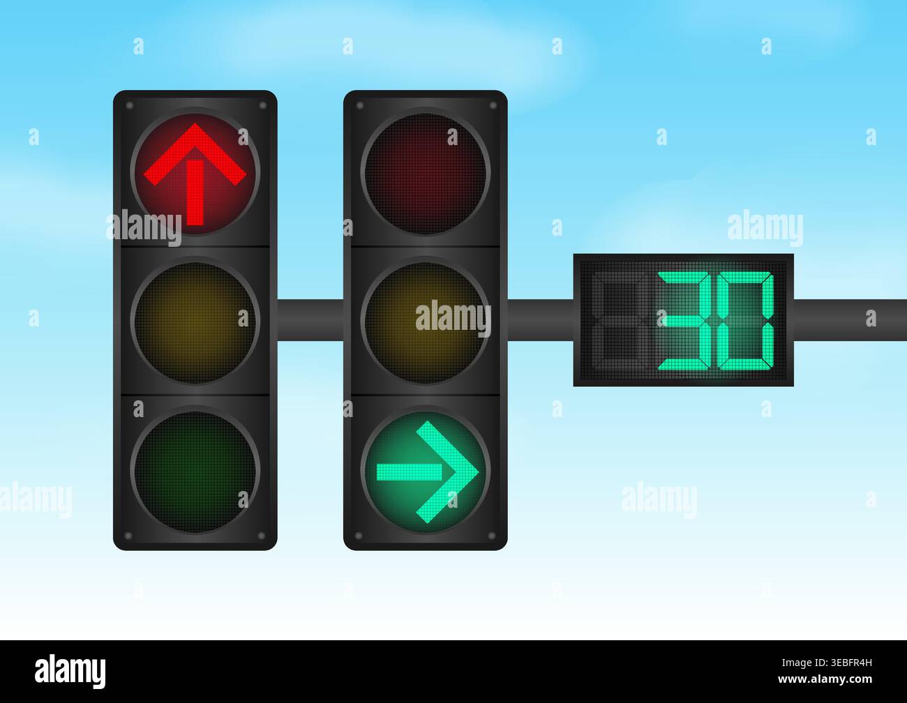 Traffic light with Countdown Timer against Blue Sky. Vector Illustration. Stock Vector
