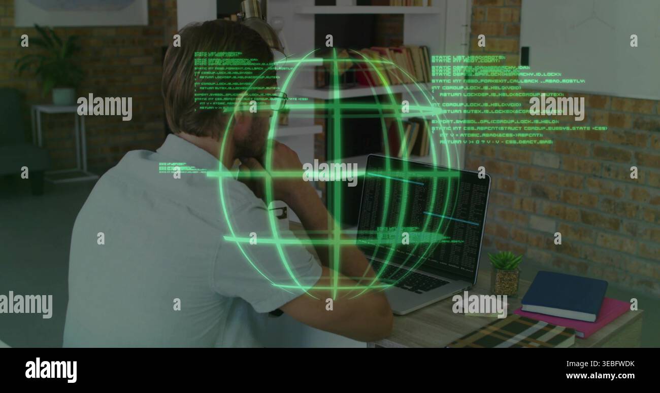 Coding programmer wearing light tee working at home office desk with AR globe, laptop, copy space Stock Photo