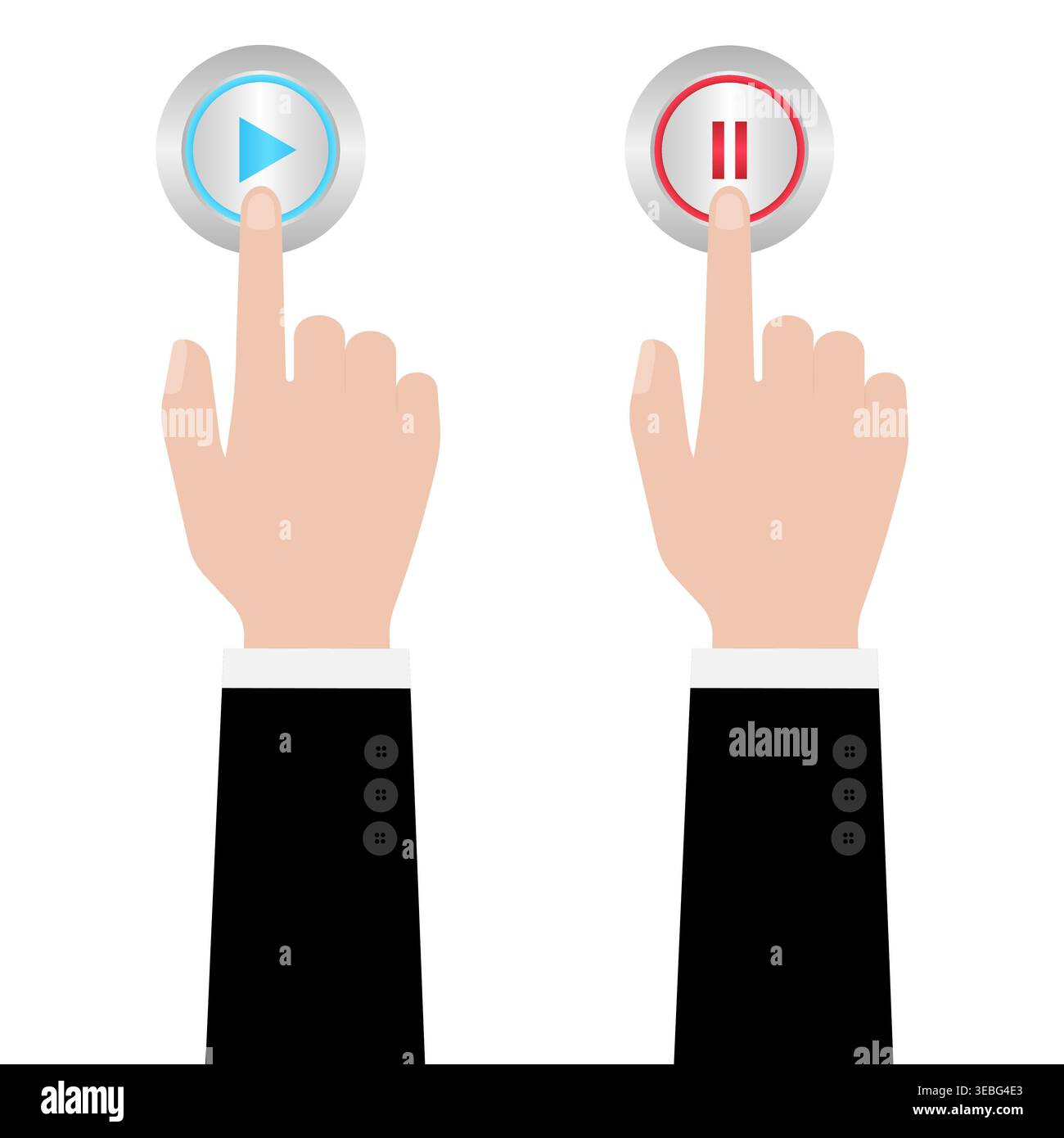 Hand Pressing Play and Pause Button. Hand Click. Vector Illustration Isolated on White Background. Stock Vector