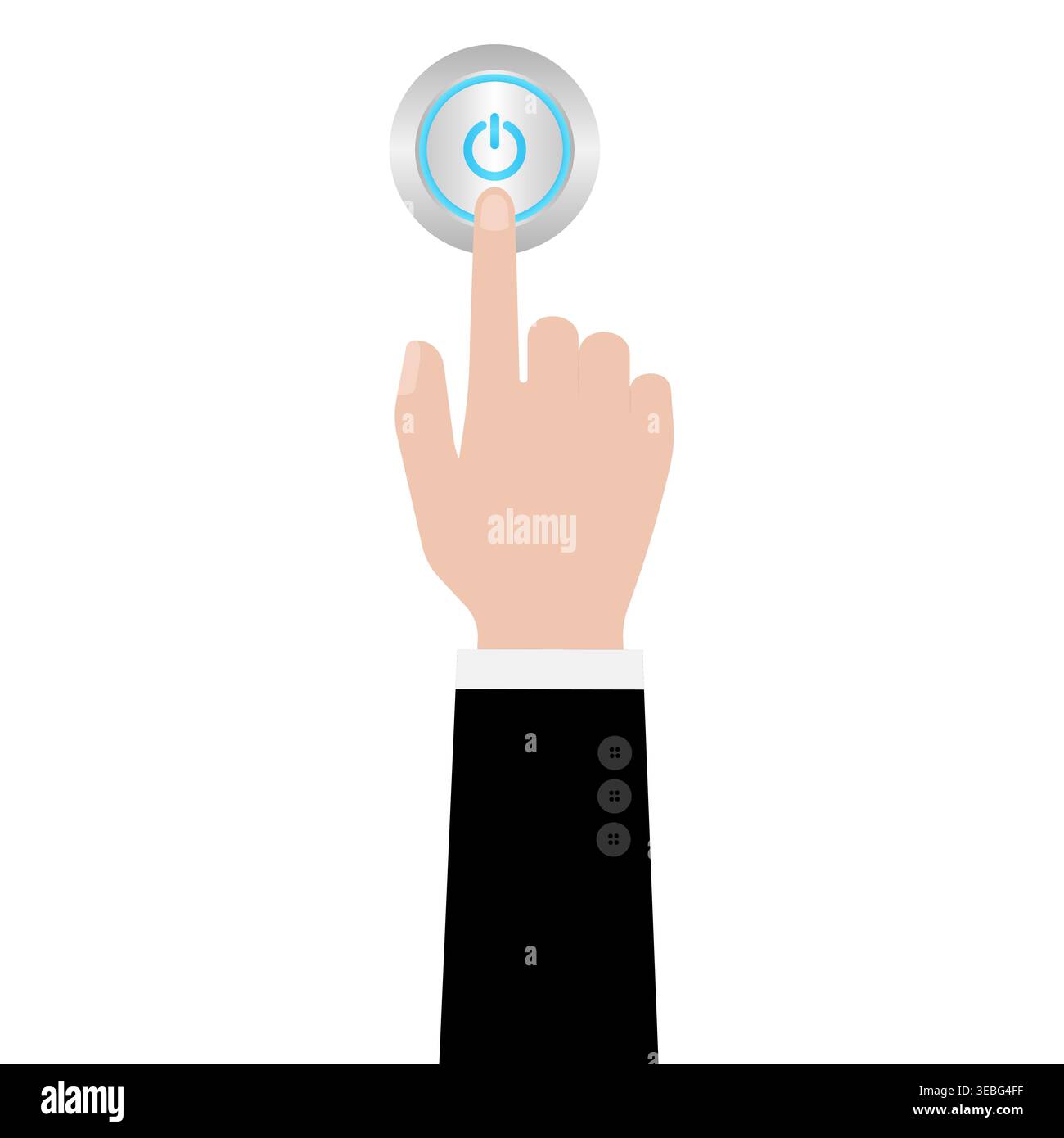Hand Pressing Start Button or Power Button. Hand Click. Vector Illustration Isolated on White Background. Stock Vector