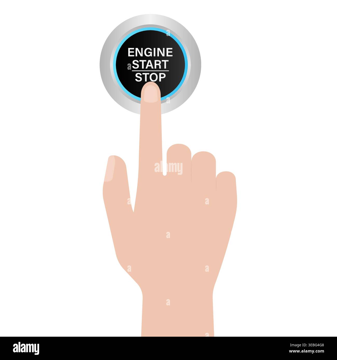 Hand Pressing Engine Start and Stop Button. Hand Click. Vector Illustration Isolated on White Background. Stock Vector