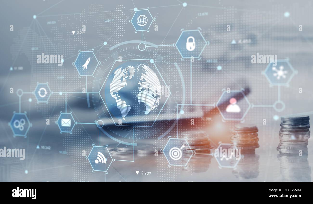 Global Technology Network Visualization with Business and Data Integration. Stock Photo