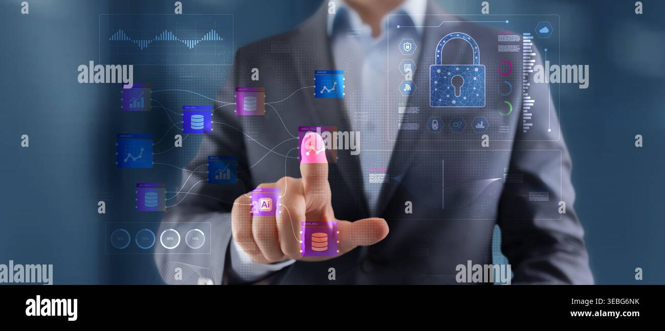 Person interacting with digital security interface featuring AI technology and lock icons representing secure data management Stock Photo