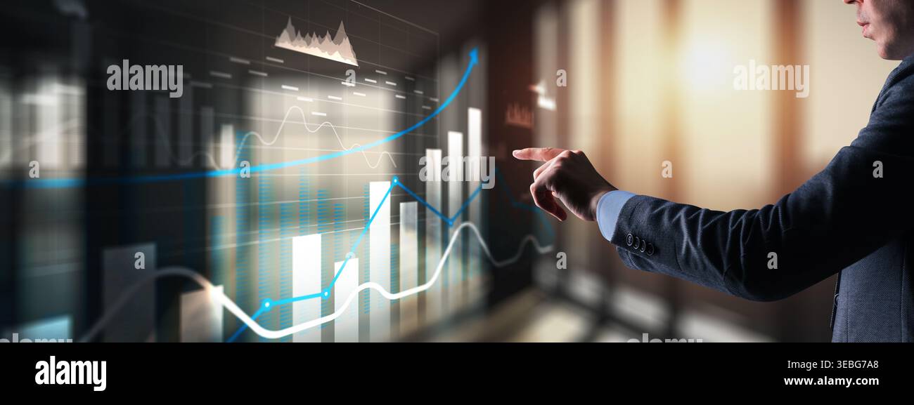 3D charts with up arrows, business panel on virtual screen. Stock Photo