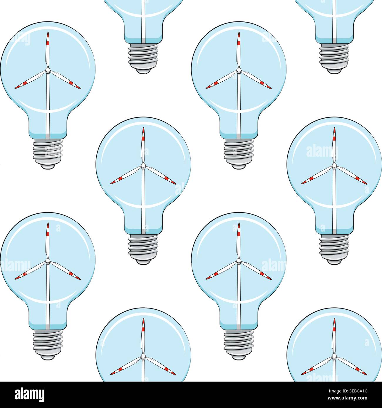 Color seamless pattern with light bulb with wind turbine, windmill. Vector background on white. Stock Vector