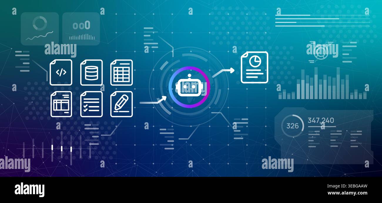 Artificial intelligence data processing and document summary concept with robot icon converting multiple file types including code database and Stock Vector