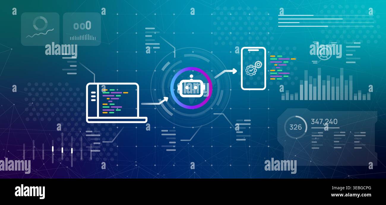 Web to mobile application conversion with artificial intelligence robot icon transforming laptop desktop code into smartphone app interface Stock Vector