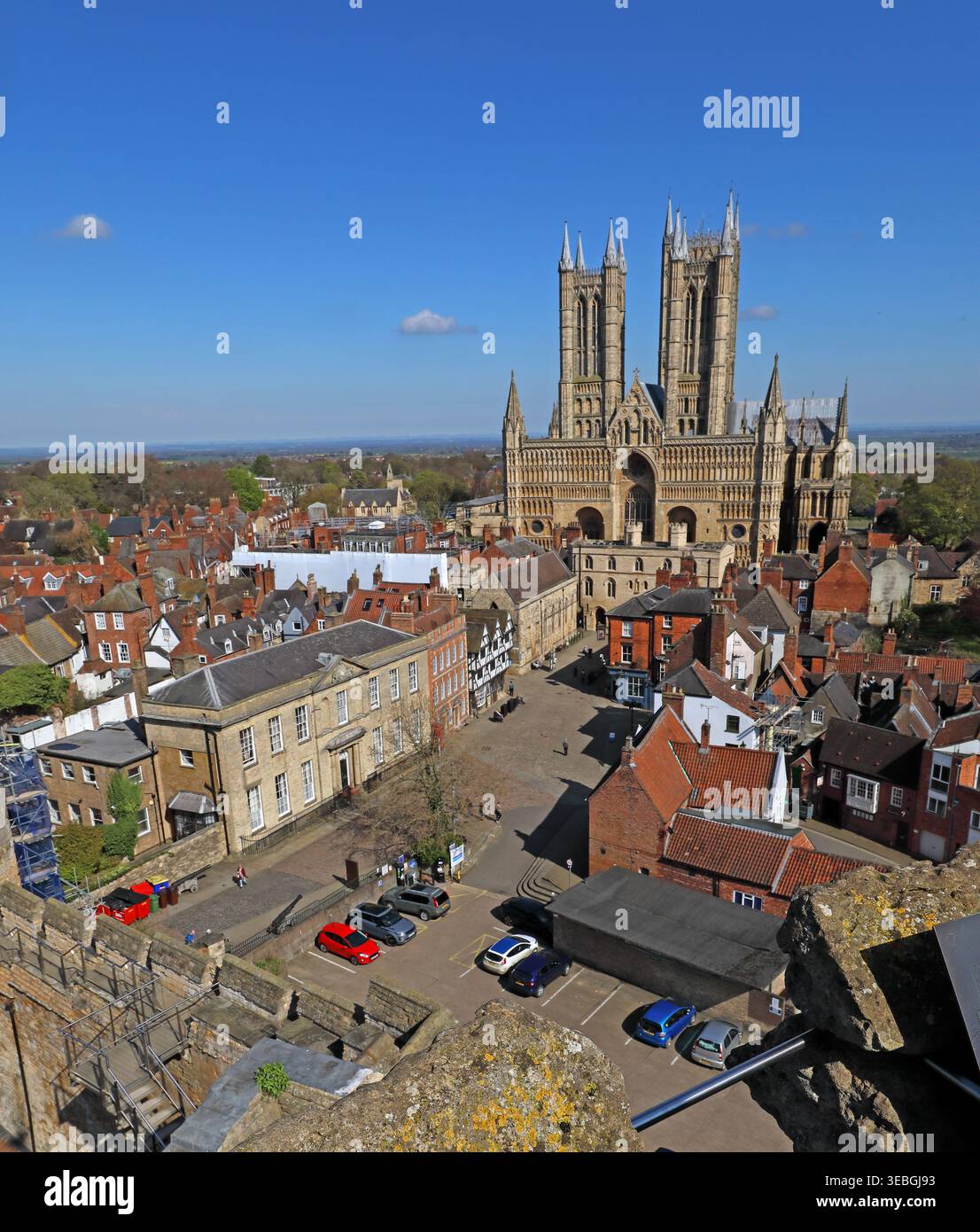 Lincoln Cathedral seen from Lincoln Castle wall, looking across the historic Cathedral Quarter and city rooftops. Stock Photo