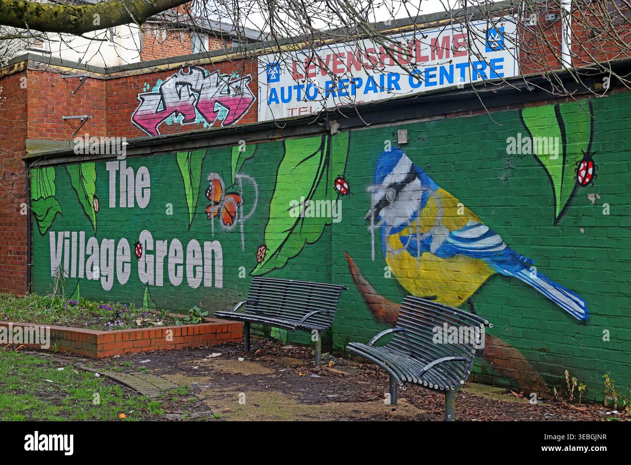 The Village Green mural in Levenshulme, Manchester, with blue tit street art, benches and community park signage. Stock Photo