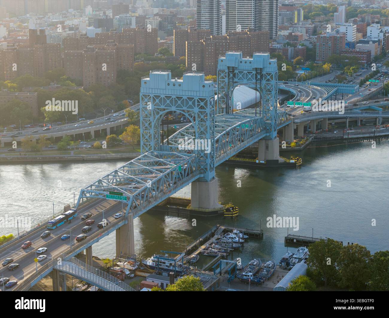 Aerial view of the blue steel lift span of the RFK Bridge carrying ...