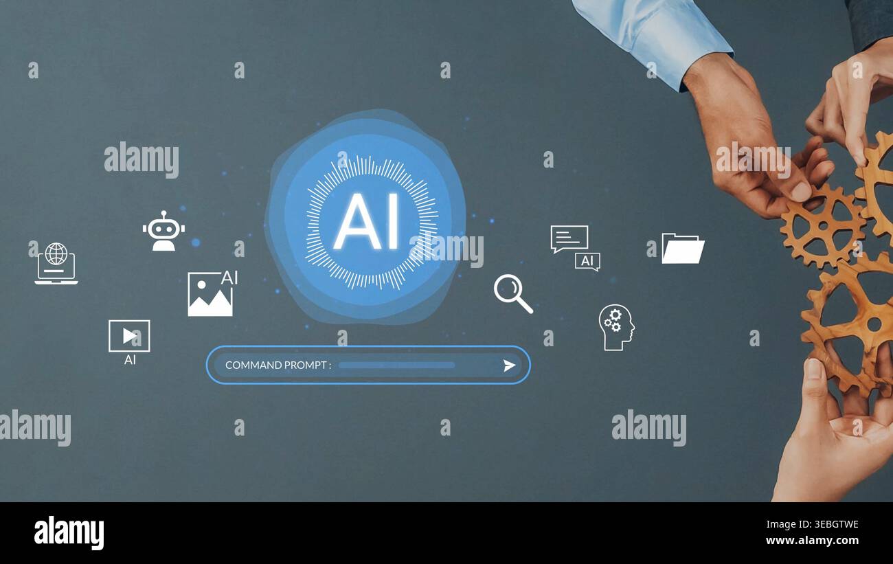 Hands Collaborating on Innovative AI Technology Concepts with Graphical Elements and Command Prompt on a Dark Background Gluon. Stock Photo