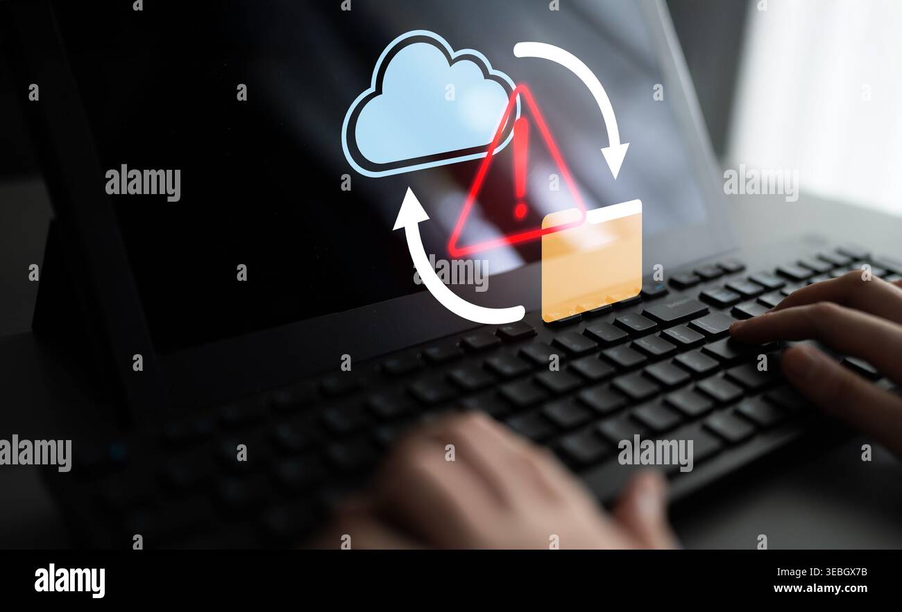Visual concept of cloud computing and file synchronization with alert ...