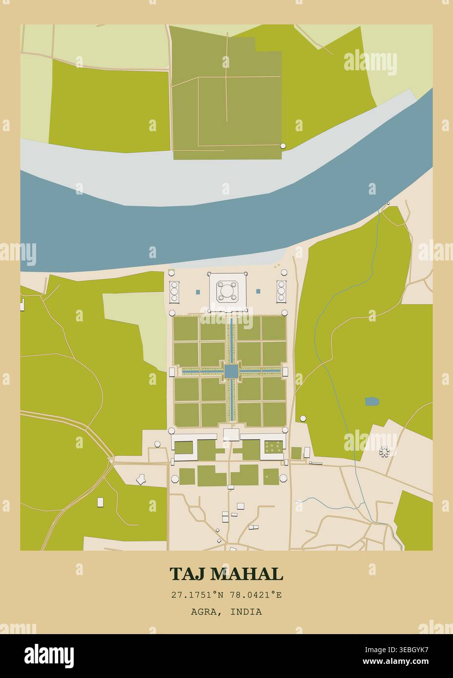 Detailed urban map and architectural site layout of the Taj Mahal in Agra, India. Stock Vector