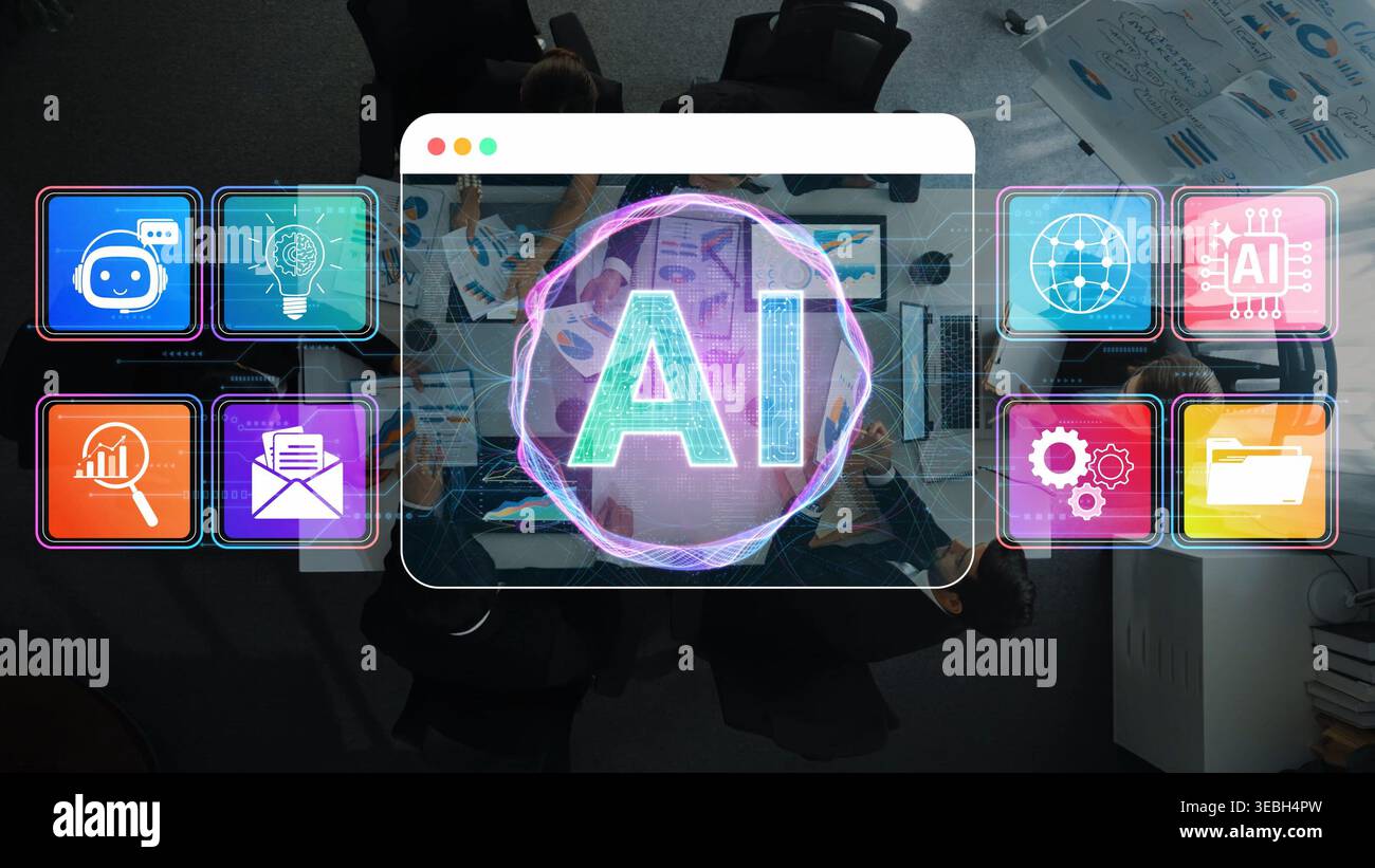 Futuristic Digital Workspace Visualization Featuring Artificial Intelligence Concepts and Tools with Colorful Icons and Technology Interfaces Sigmoid Stock Photo