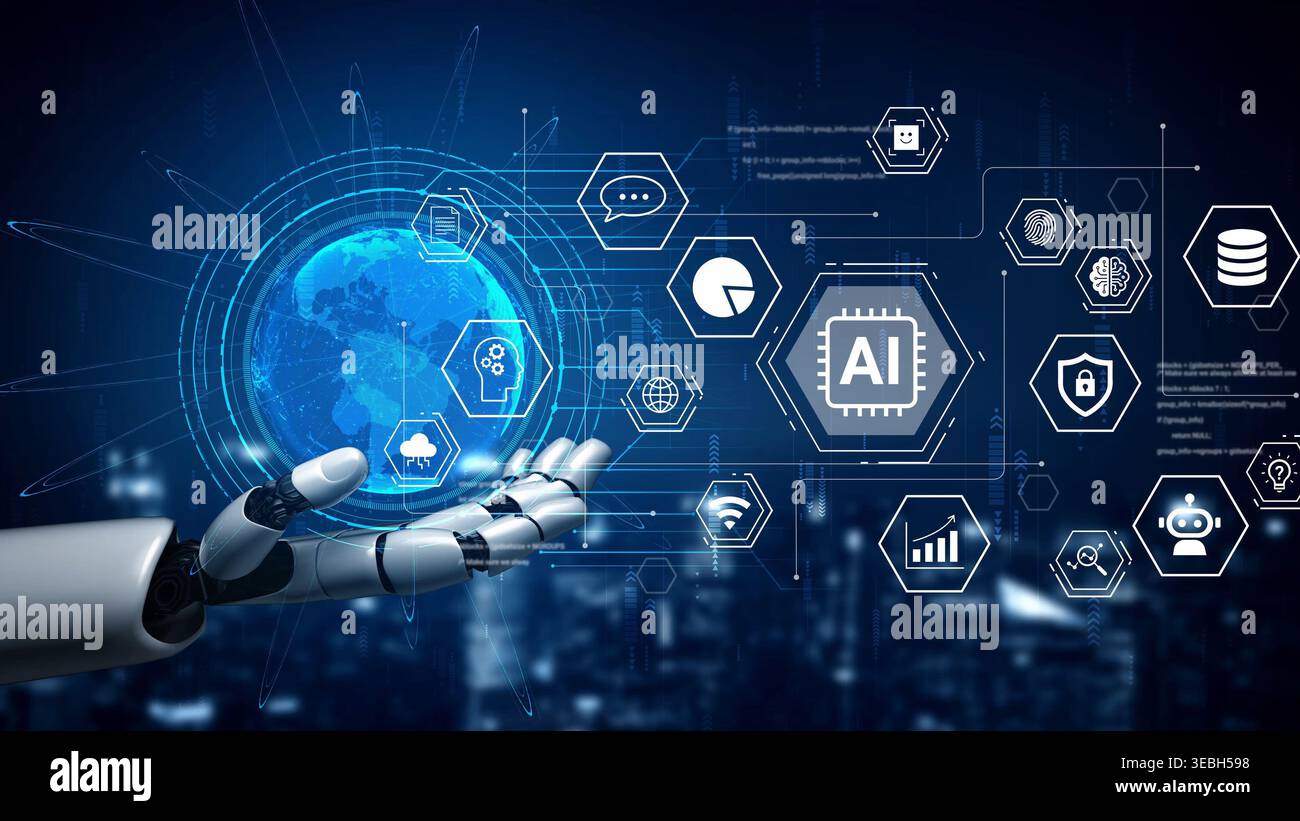 Futuristic Robotic Hand Interacting with Digital Globe and Technology Icons Representing Artificial Intelligence, Data Analytics, and Global Stock Photo