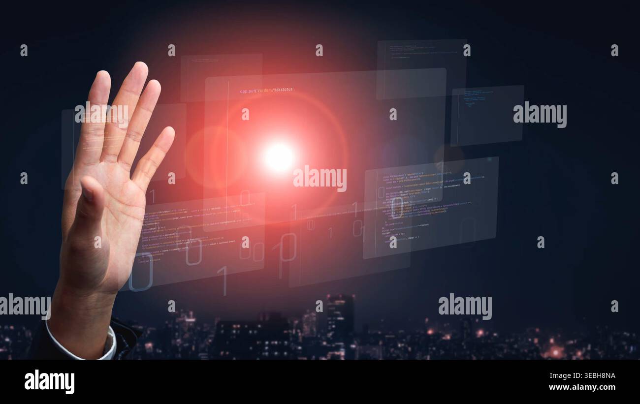 AI accelerates software development through intelligent coding, automation, and debugging support. Software systems become more efficient with AI Stock Photo