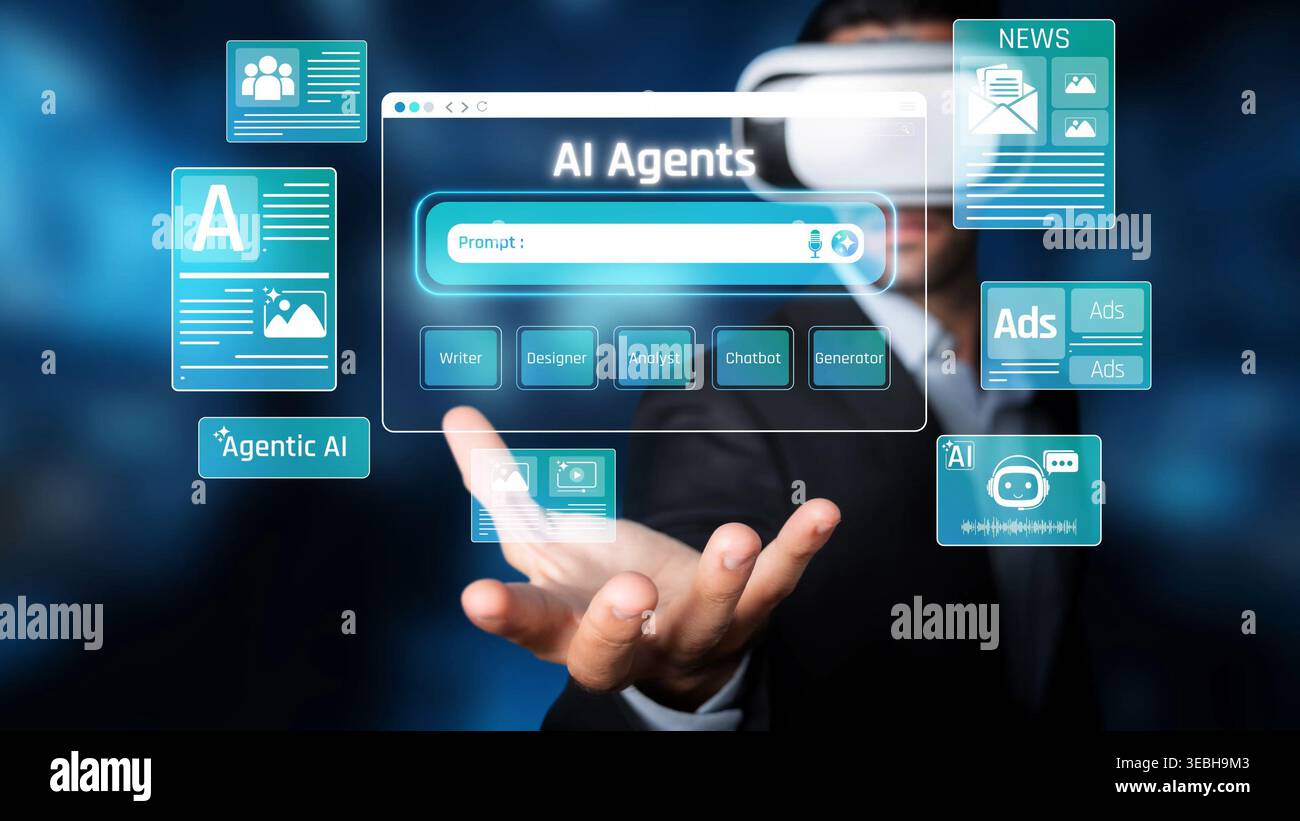 Engaging Virtual Reality Interface Featuring AI Agents, Interactive Tools, and Digital Media Representation in Futuristic Environment Sigmoid Stock Photo