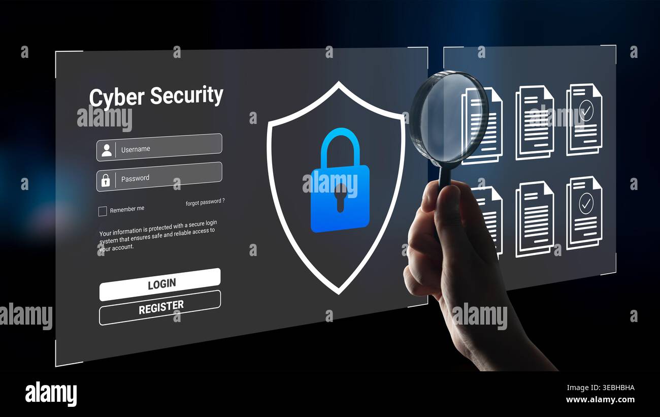 This image illustrates the concept of cyber security, showcasing a digital lock and magnifying glass, highlighting the importance of online safety and Stock Photo