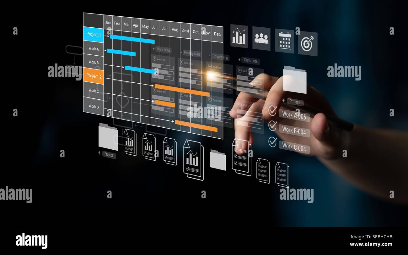 Digital visualization of multiple project timelines with progress tracking, documents, and team collaboration symbols Parse Stock Photo