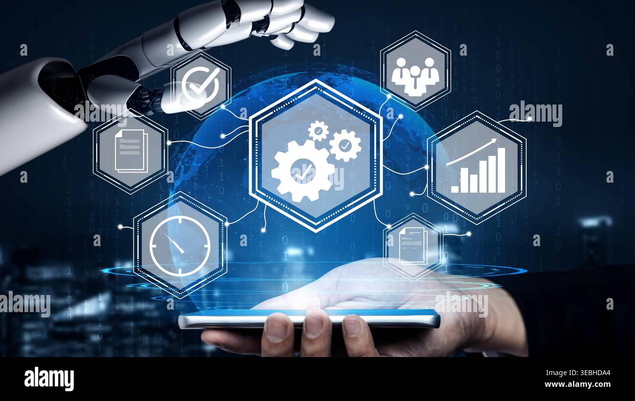 Futuristic robotic hand interacting with digital interface showcasing technology, automation, data analytics, and smart device applications in a Stock Photo