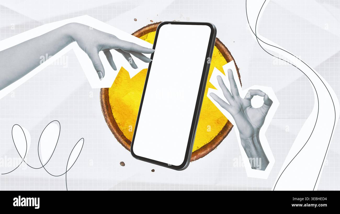 Creative Collage Showcasing Hand Interactions With a Smartphone and Abstract Elements Stock Photo