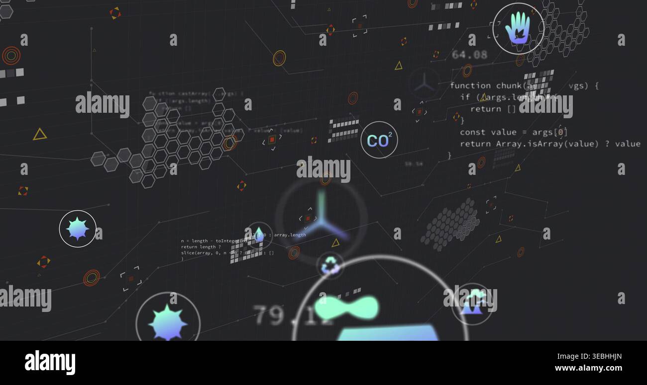 Displaying abstract digital cluster pulsing on dark dashboard, with CO2 label, hexagons, code Stock Photo