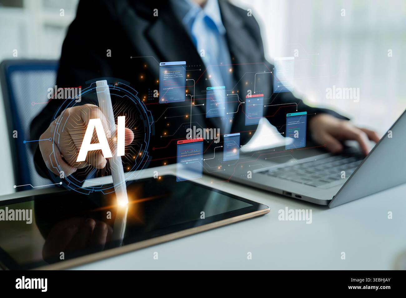Futuristic software development concept featuring AI pair programmer, automated AI code generation, and real-time AI debugging. Ideal for DevOps and Stock Photo
