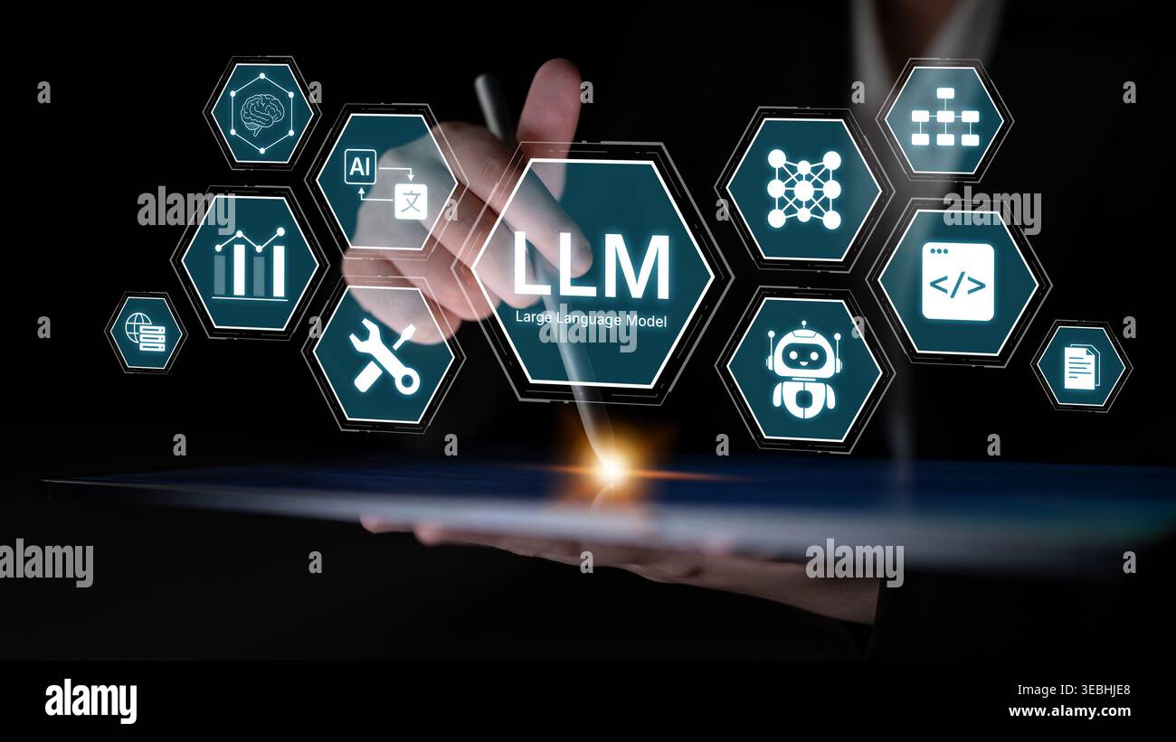 Large Language Model LLM processing data. Represents deep text learning, natural language processing NLP AI tech, transformer architecture, and Stock Photo