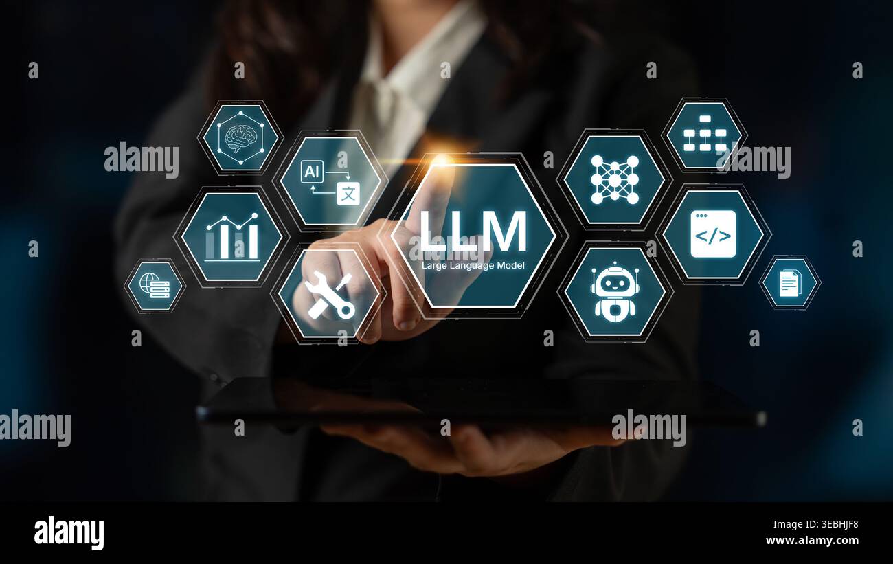 Large Language Model LLM processing data. Represents deep text learning, natural language processing NLP AI tech, transformer architecture, and Stock Photo