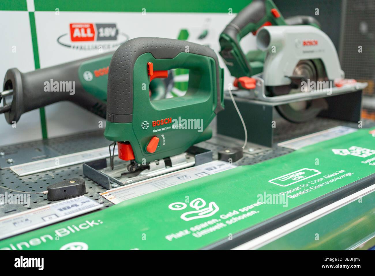 Bad Hersfeld, Germany, 04.21.2026: Electric cutting tools including circular saws displayed in hardware store. Equipment for construction, woodworking Stock Photo