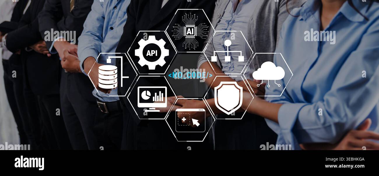 Group of professionals collaborating on technology solutions with digital interface showcasing AI, APIs, data management, and no-code development Stock Photo