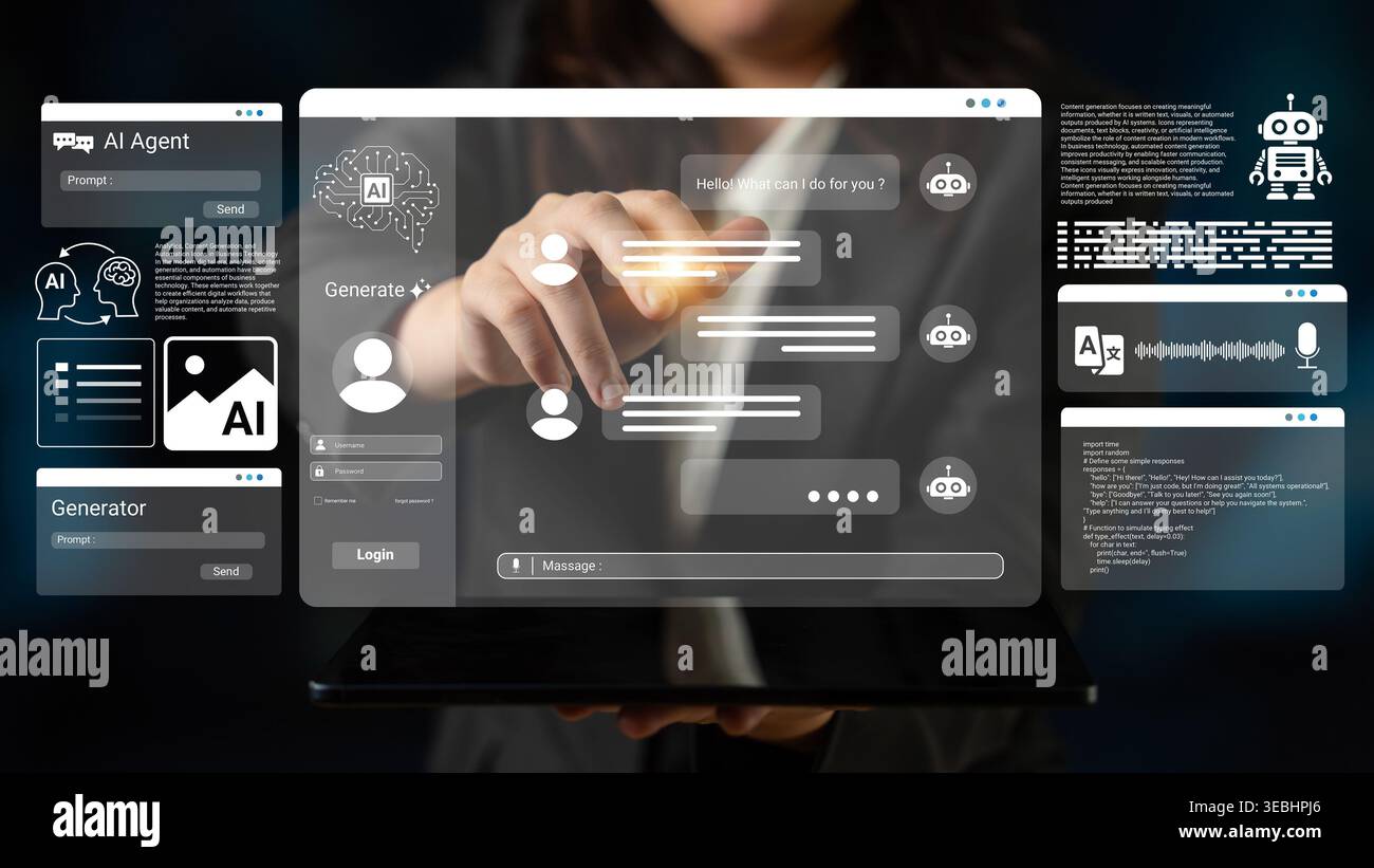 Explore a cutting-edge AI interface concept featuring a touchscreen display that engages users with chatbot technology, enhancing communication and Stock Photo