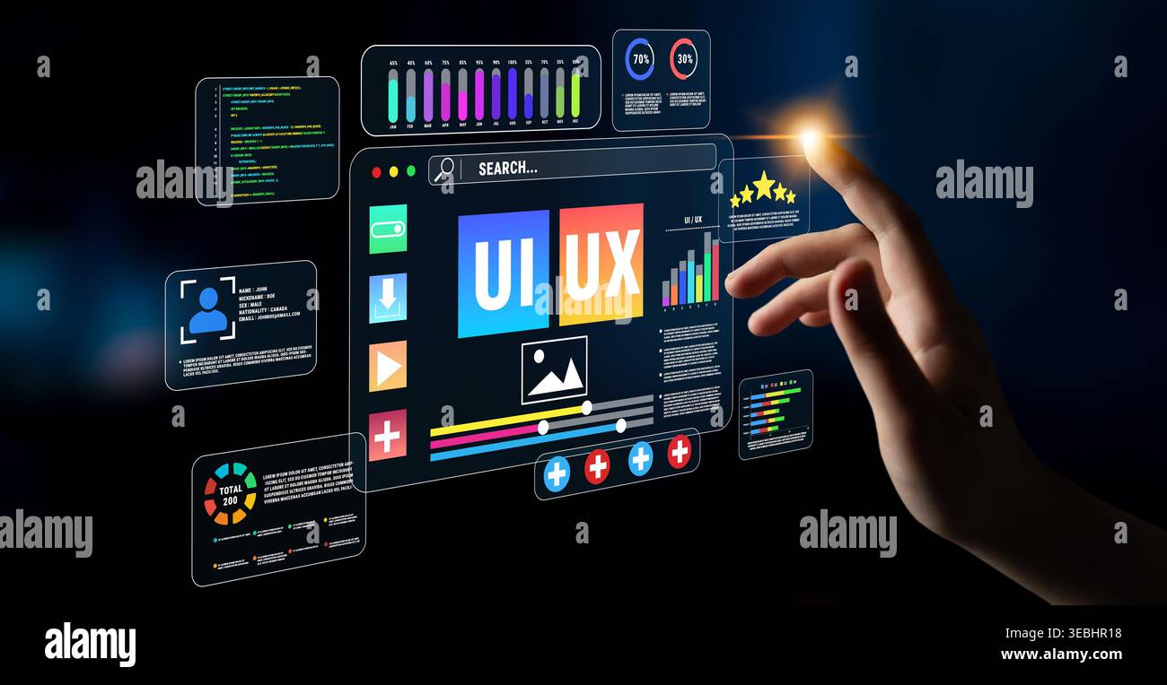 Interactive User Interface Design Concept for Modern Web and App Experience with Touchscreen Interaction and Data Visualization Elements Quark. Stock Photo