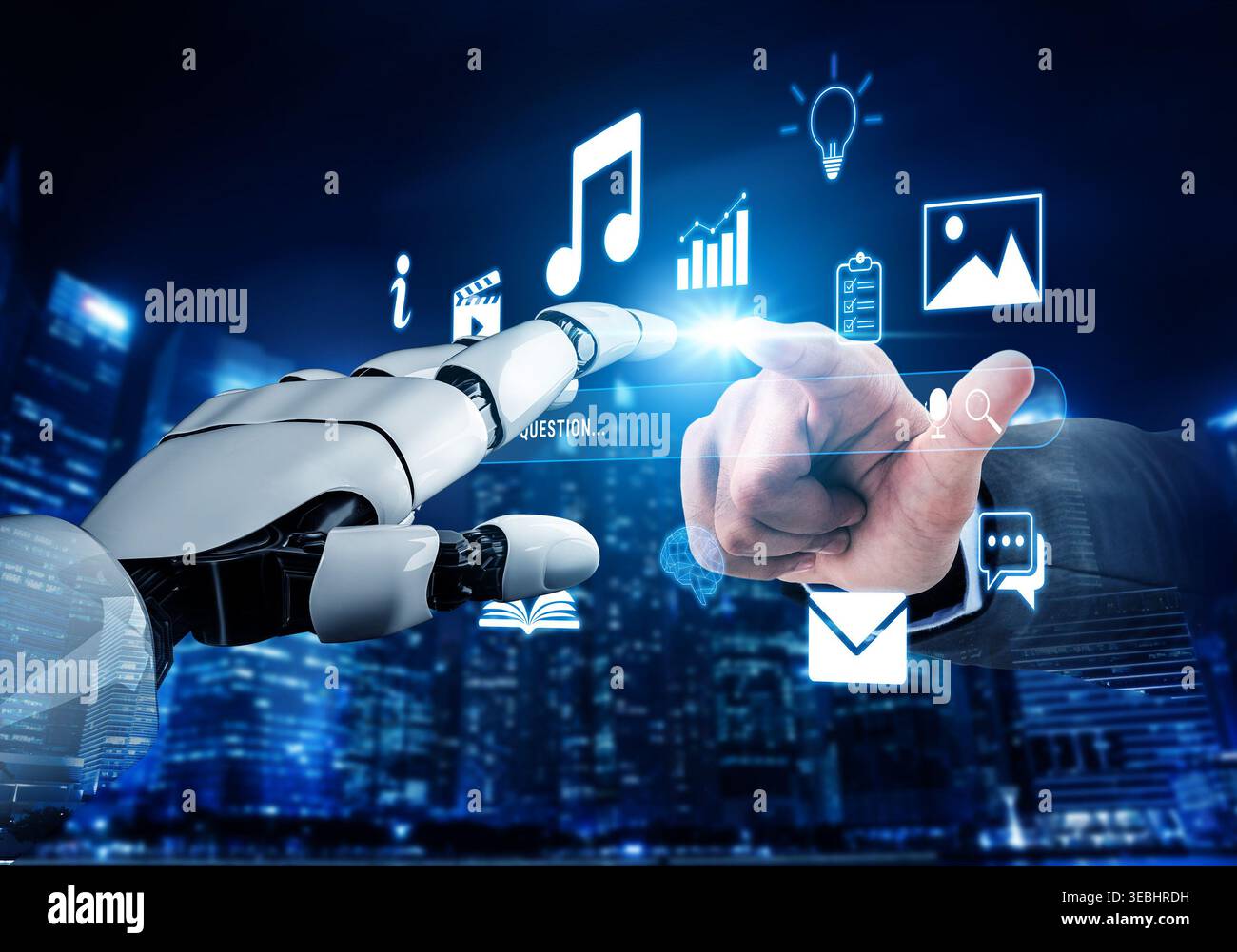 Futuristic Interaction Between Human Hand and Robotic Hand with Digital Interface Elements in Urban Background Quark. Stock Photo