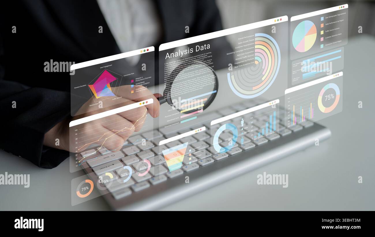 This image showcases a professional analyzing data through interactive graphs and charts on a computer screen, demonstrating modern business analysis Stock Photo