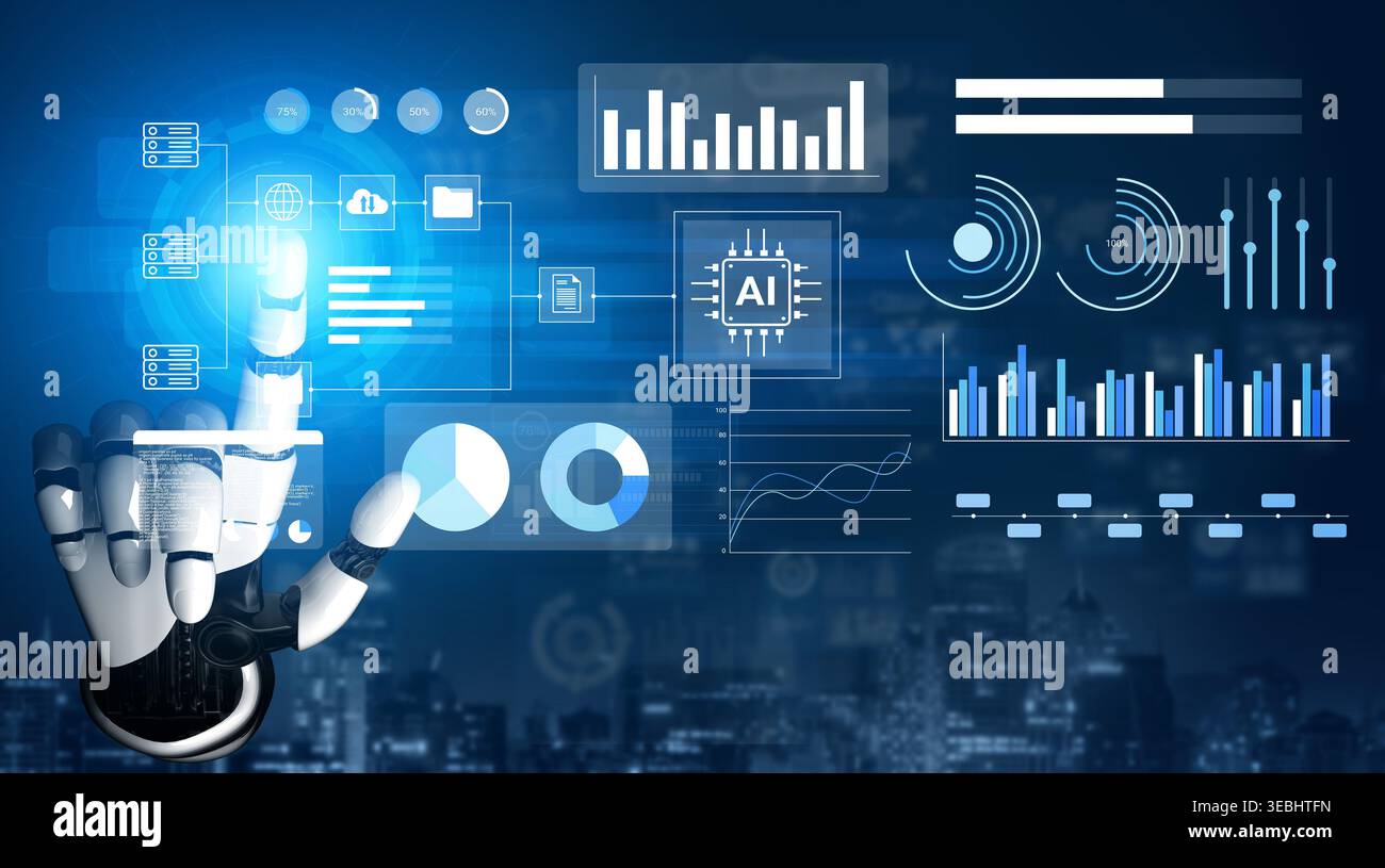 A sleek robotic hand interacts with a vibrant digital interface featuring various informational elements like charts, graphs, and artificial Stock Photo
