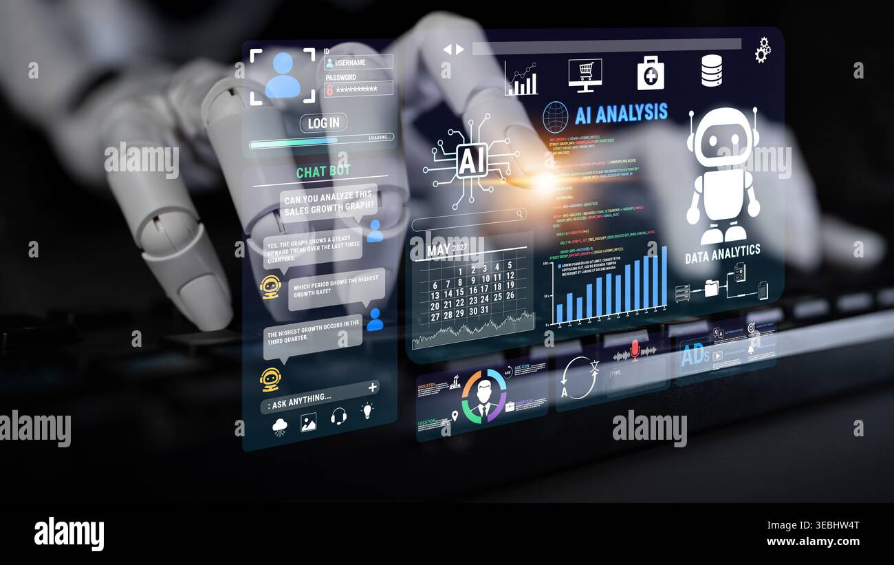 Futuristic Automation Interface with Artificial Intelligence Visualization and Robotic Hand Interacting with Digital Data Elements on Keyboard Fluxor. Stock Photo