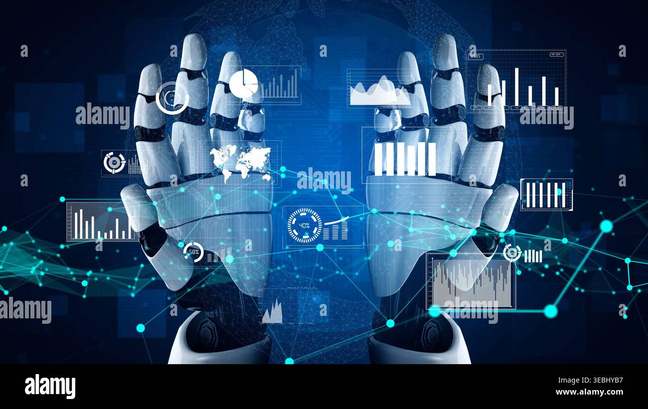 Dynamic depiction of robotic hands engaging with diverse data ...