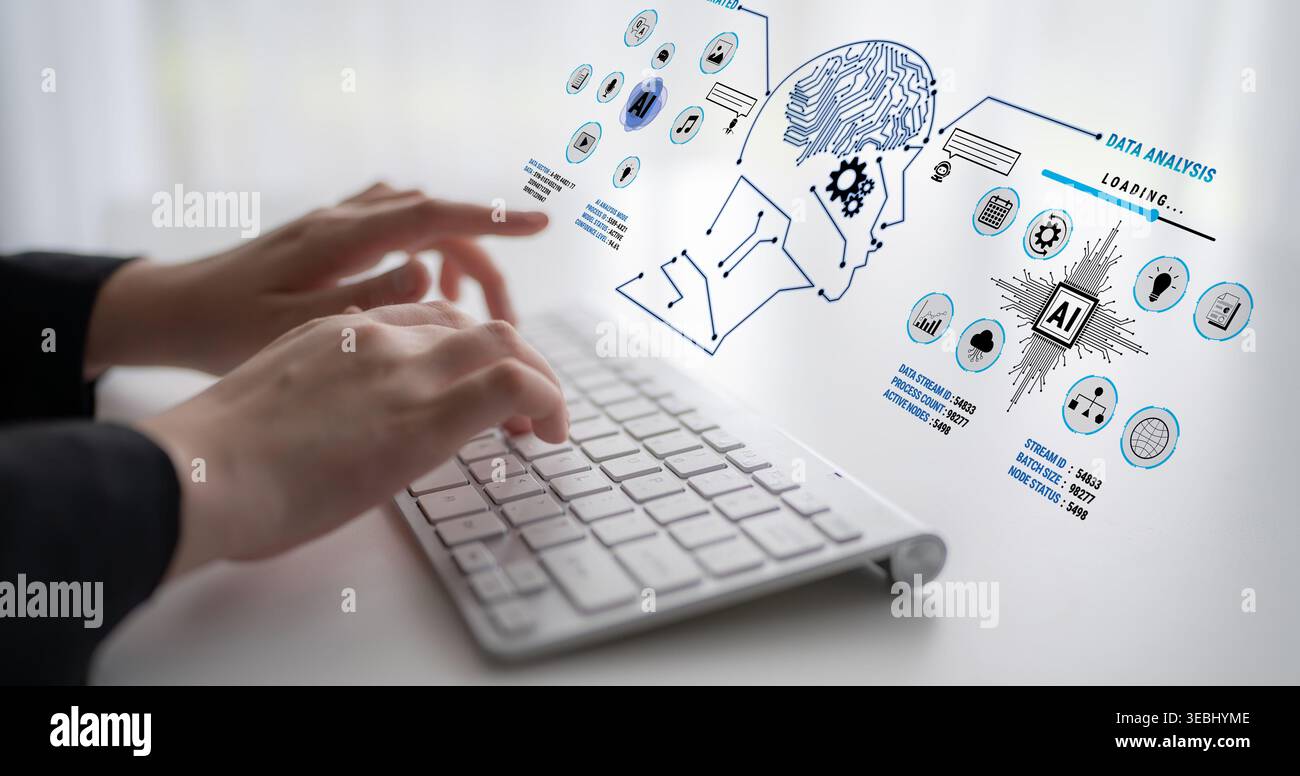Hands typing on keyboard with digital brain graphic and data analysis icons showcasing artificial intelligence technology and data processing concepts Stock Photo