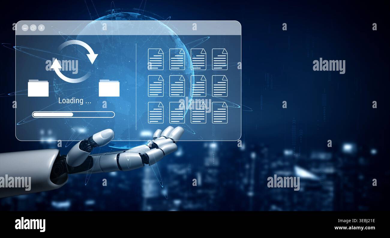 AI automating data synchronization and file management processes, optimizing transfer speed and ensuring seamless backup operations across systems Stock Photo